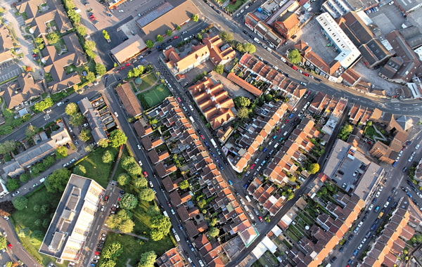 Aerial view of streets and houses in Bristol